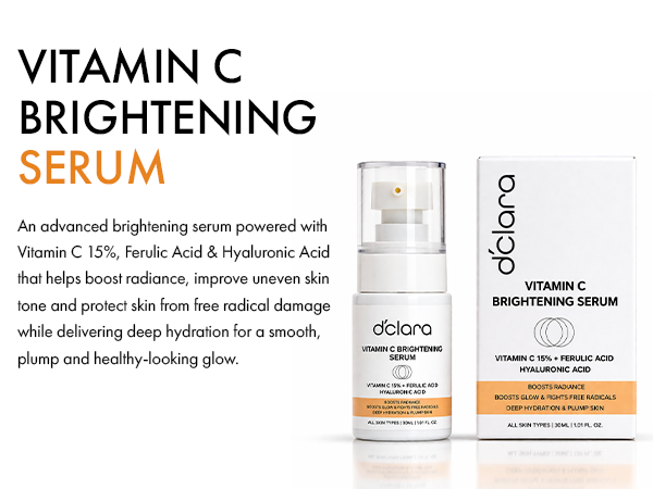 D'CLARA Vitamin C Serum 15% + Ferulic Acid & Hyaluronic Acid | Brightening Face Serum | 30ml