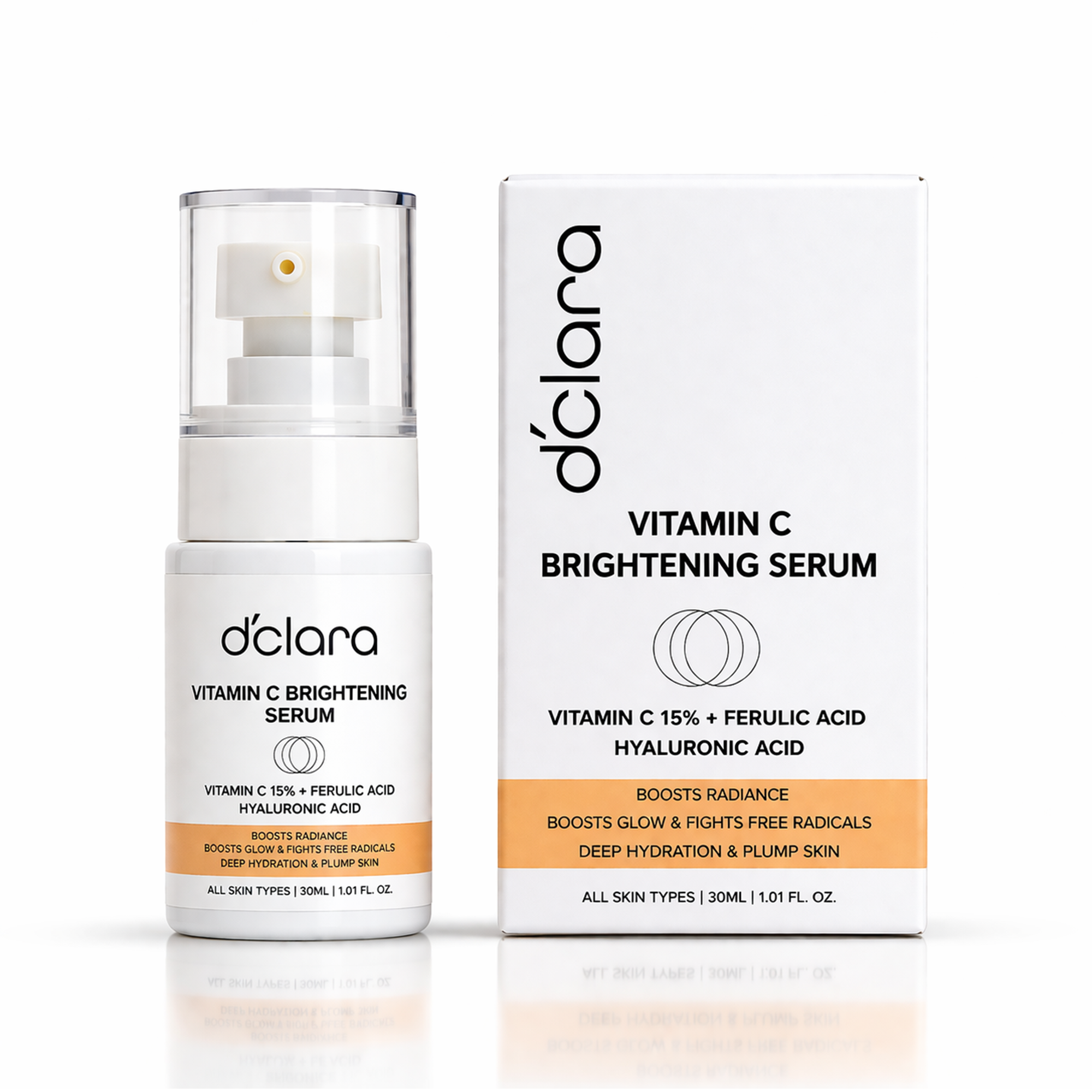 D'CLARA Vitamin C Serum 15% + Ferulic Acid & Hyaluronic Acid | Brightening Face Serum | 30ml