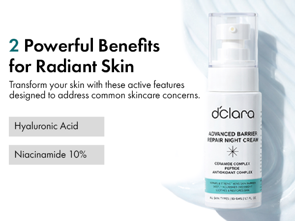 D'CLARA Advanced Barrier Repair Night Cream | Ceramides, Peptides & Hyaluronic Acid | 50 Gms