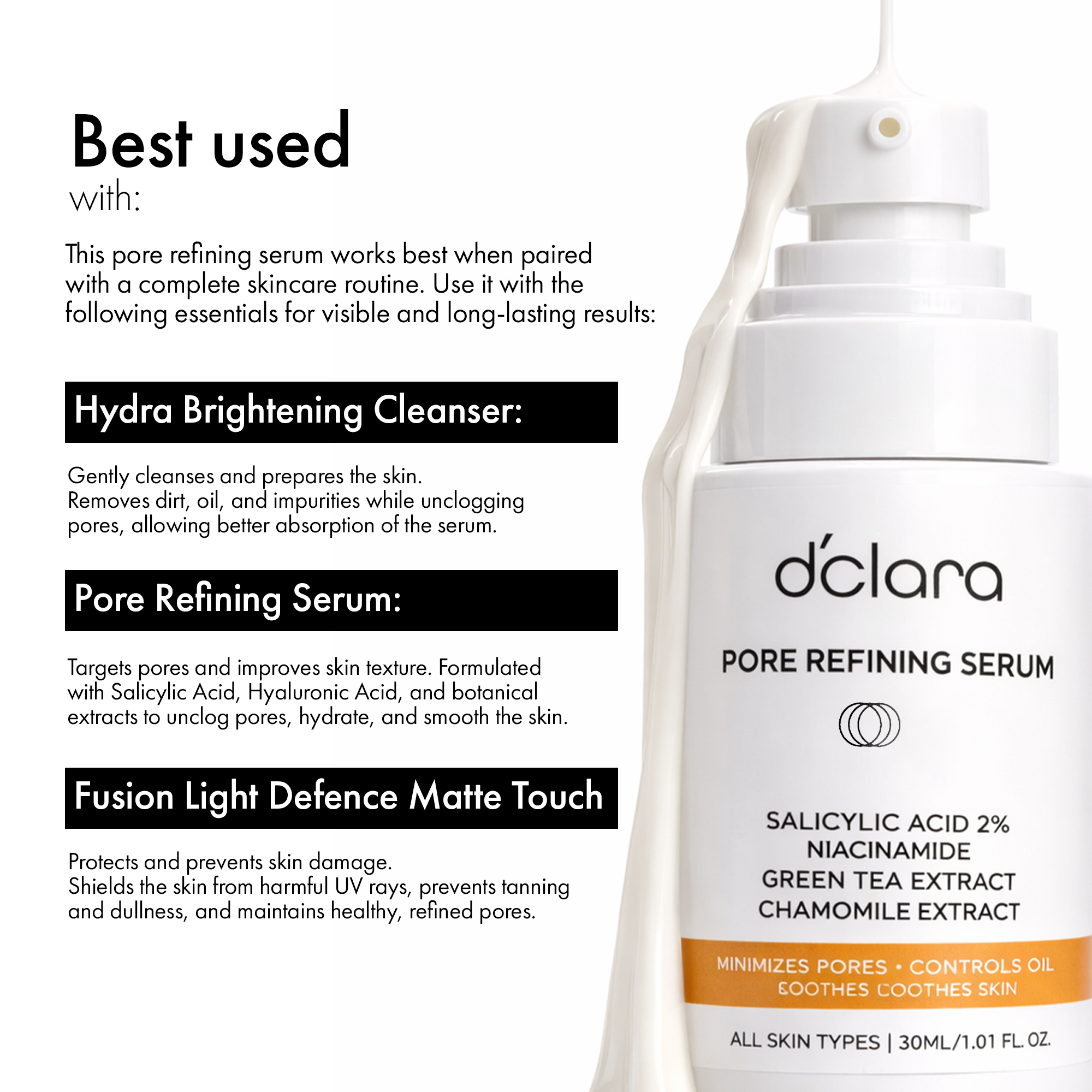 D'CLARA Pore Refining Serum | 2% Salicylic Acid Serum for Acne, Pore Minimizing & Oil Control | Deep Pore Cleansing Treatment for Oily & Acne-Prone Skin | 30ml