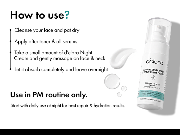D'CLARA Advanced Barrier Repair Night Cream | Ceramides, Peptides & Hyaluronic Acid | 50 Gms
