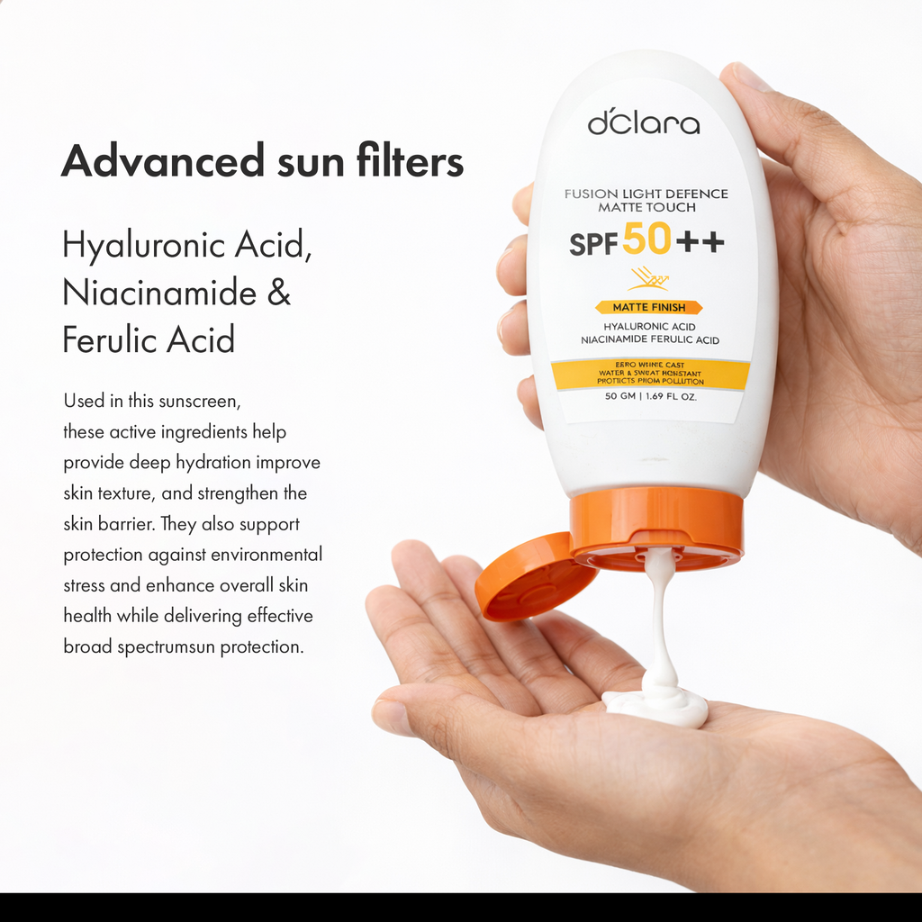 D'CLARA SPF 50+ PA++++ Sunscreen | Broad Spectrum UVA & UVB Protection | With Niacinamide, Hyaluronic Acid & Ferulic Acid | Matte Finish | Zero White Cast | Lightweight Daily Sunscreen | 50g**