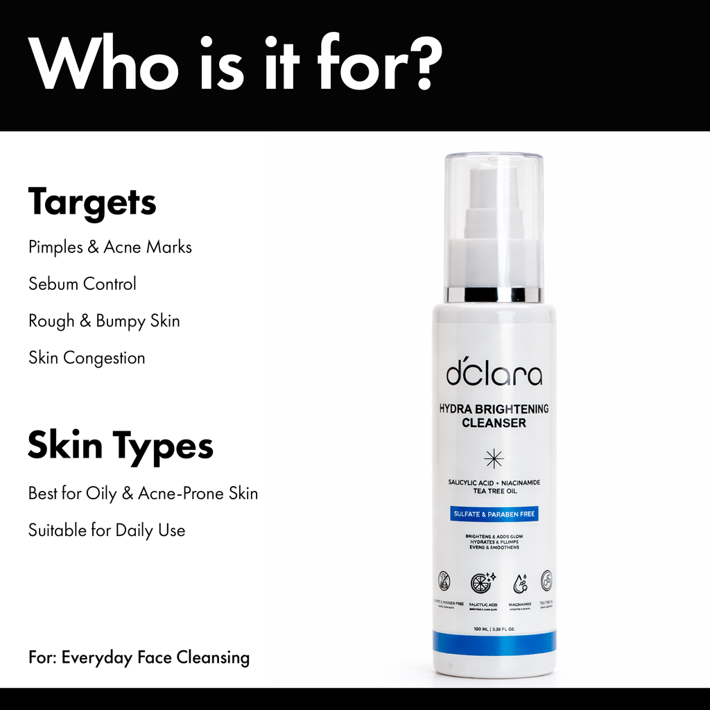 D'CLARA Hydra Brightening Cleanser | 2% Salicylic Acid, Niacinamide & Tea Tree Oil Face Wash | For Oily & Acne-Prone Skin | 100ml