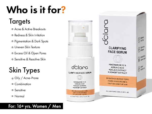 D'CLARA Clarifying Face Serum | 10% Niacinamide, Azelaic Acid & Mugwort Extract | 30ml