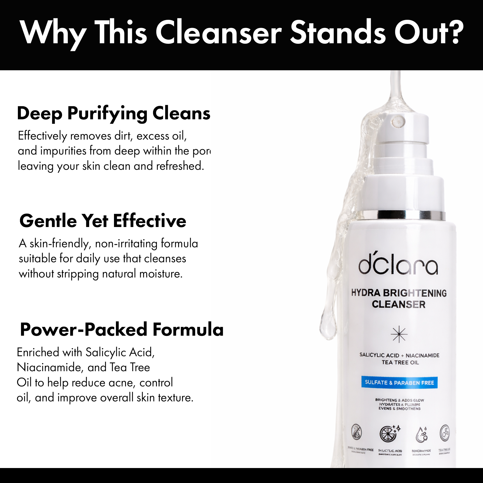 D'CLARA Hydra Brightening Cleanser | 2% Salicylic Acid, Niacinamide & Tea Tree Oil Face Wash | For Oily & Acne-Prone Skin | 100ml