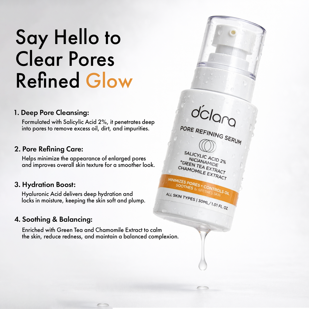D'CLARA Pore Refining Serum | 2% Salicylic Acid Serum for Acne, Pore Minimizing & Oil Control | Deep Pore Cleansing Treatment for Oily & Acne-Prone Skin | 30ml