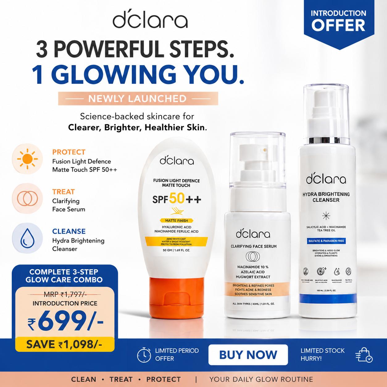 DClara Brightening Skincare Combo | Hydra Cleanser + Clarifying Face Serum + SPF 50 Sunscreen | Introductory Offer ₹699